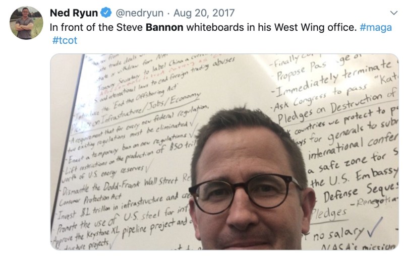 Bannon’s whiteboard says, “dismantle Dodd-Frank.”